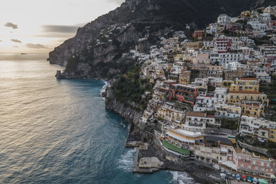 Aerial view of town by sea