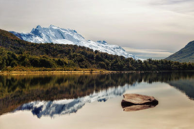 Scenic view of lake by snowcapped mountains against sky