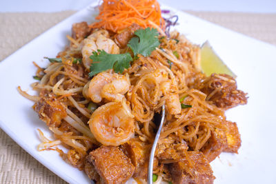 High angle view of noodles served in plate