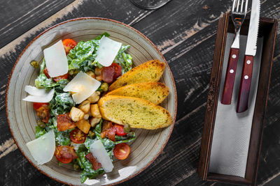 Directly above shot of breakfast served on table