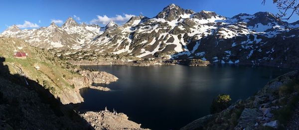 Scenic view of lake and snowcapped mountains against sky