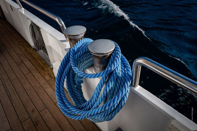 High angle view of rope tied on boat