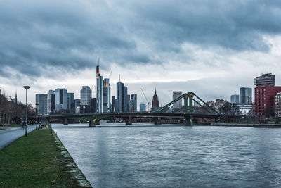 Bridge over river with buildings in background