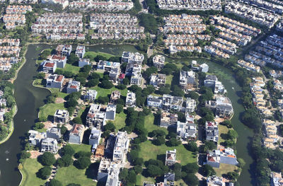 High angle view of townscape and trees in city