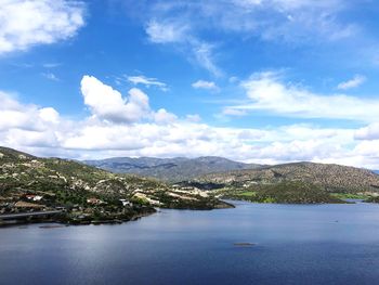 Scenic view of river and mountains against sky