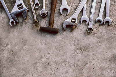 High angle view of metal equipment on field