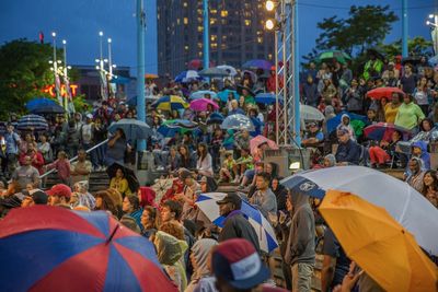 Crowd of people in city