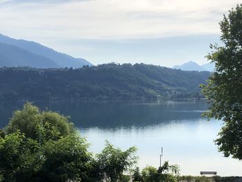 Scenic view of lake and mountains against sky