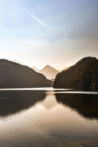 Scenic view of lake by mountains against sky