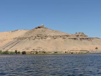 Scenic view of desert against clear blue sky