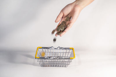 Midsection of person holding toy against white background