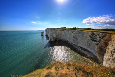 Panoramic view of sea against blue sky