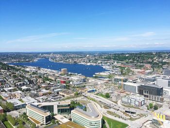 High angle view of buildings in city against sky