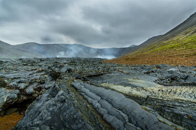 Scenic view of volcanic landscape against sky