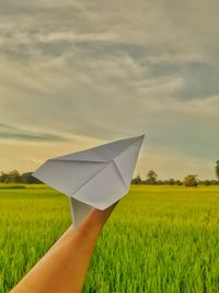 Person holding umbrella on field against sky