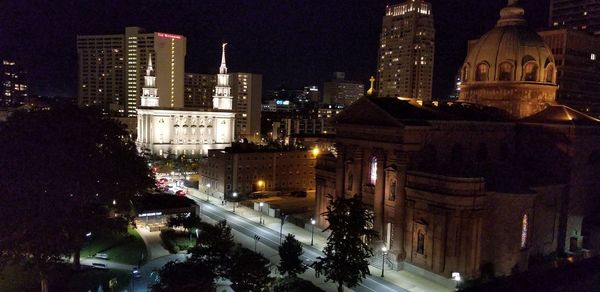 High angle view of city buildings at night