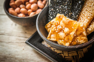 Close-up of protein bars in bowl on table