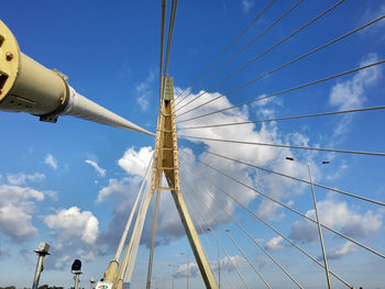 Low angle view of suspension bridge against sky