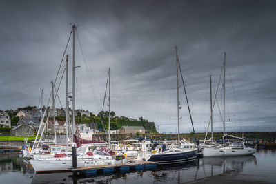 Sailboats moored in harbor