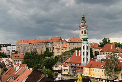 Buildings in city against cloudy sky