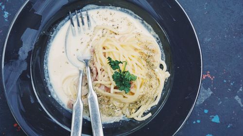 High angle view of pasta in bowl