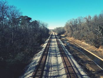 Railroad tracks amidst trees against clear sky