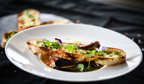 High angle view of food in plate on table