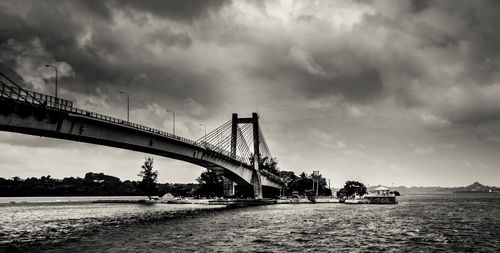 Bridge over river against cloudy sky