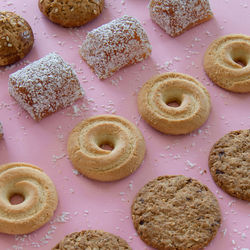 High angle view of cookies on table