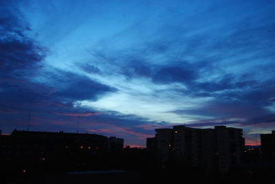 Silhouette of buildings against cloudy sky