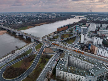 Panoramic aerial view of the modern skyscrapers and business center in warsaw.