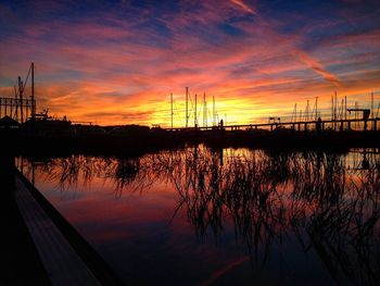 Scenic view of lake against orange sky