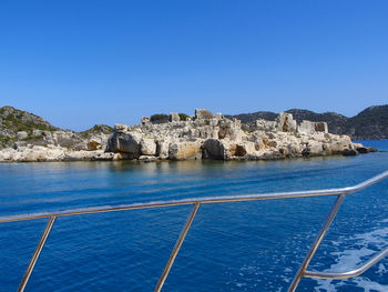 Scenic view of sea against clear blue sky