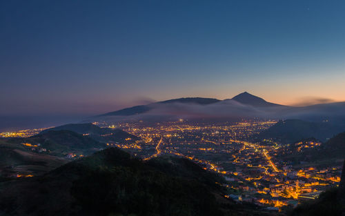 Aerial view of illuminated cityscape against sky at sunset