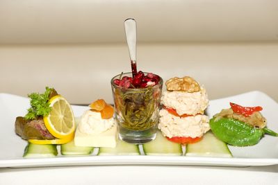 High angle view of food served on table