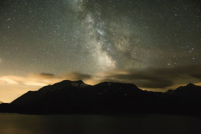 Scenic view of silhouette mountains against sky at night