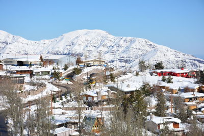 Aerial view of snowcapped mountains against clear sky