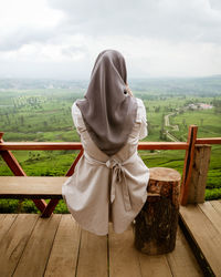 Rear view of man looking at landscape against sky