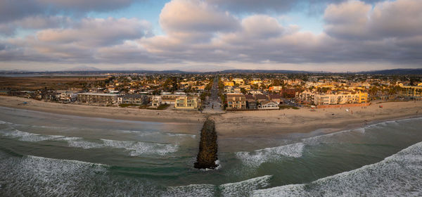 City of imperial beach in san diego, california with pretty sunset clouds, aerial panorama.