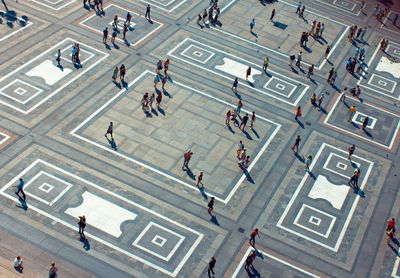 High angle view of people walking on street