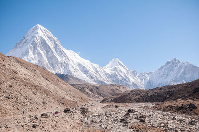 Scenic view of snowcapped mountains against clear sky