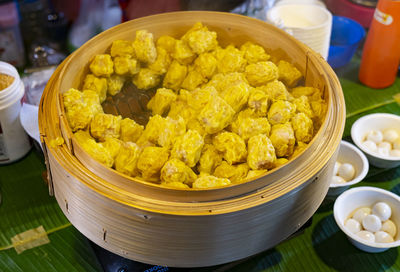 High angle view of food in container on table