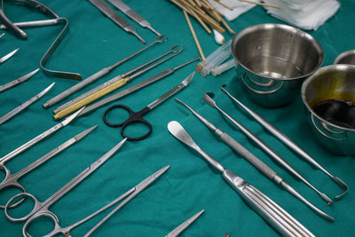 High angle view of work tools on table