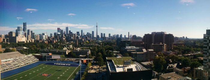 Cityscape against blue sky