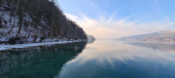 Scenic view of lake against sky during sunset