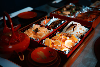 High angle view of meal served on table