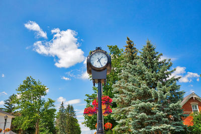 Low angle view of clock against trees and building