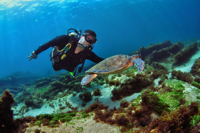 A man doing scuba diving near a shipwreck