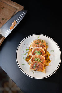 High angle view of food in plate on table