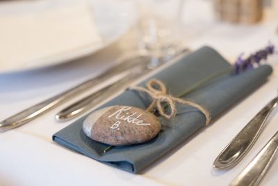 High angle view of fork in plate on table